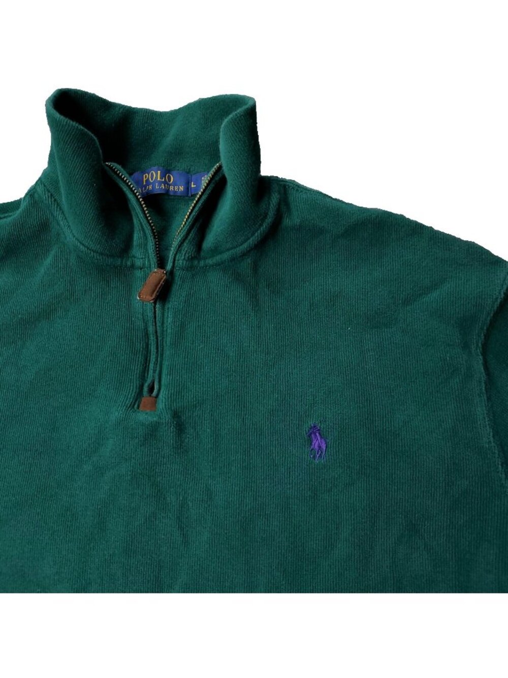 Polo Ralph Lauren Sweater Mens L Large Green Zip Up  Purple Pony Pullover Ribbed